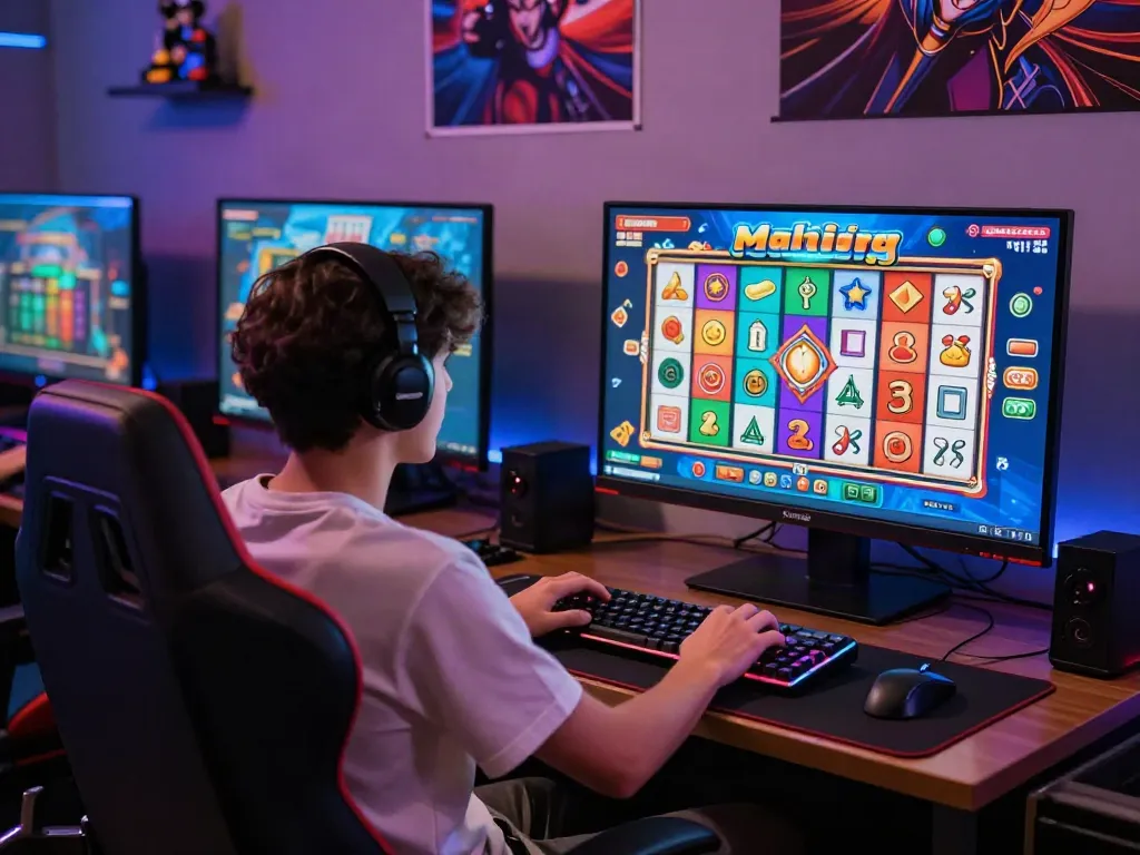 Engaged player in Slot MAHJONGJP88 game with vibrant graphics and gaming setup.
