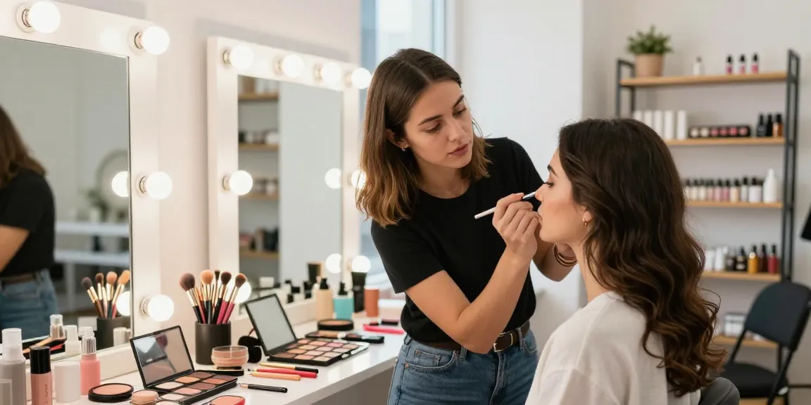 Trucco personalizzato in studio con una truccatrice e cliente, atmosfera vibrante e accogliente.