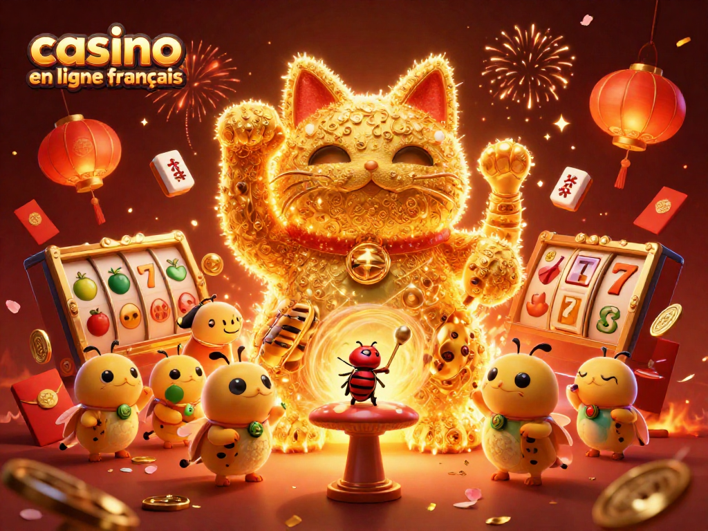 Aperçu d'un casino en ligne français avec un chat chanceux animé vêtu de symboles de jeu et entouré de lanternes et de confettis dorés