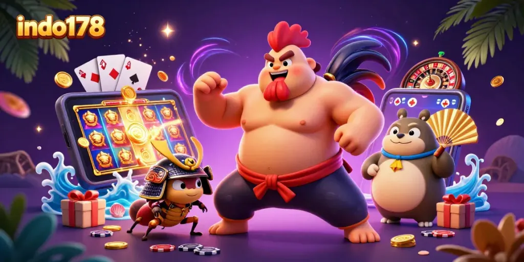 Engage with indo178's thrilling slot games alongside dynamic characters in a vibrant casino scene.