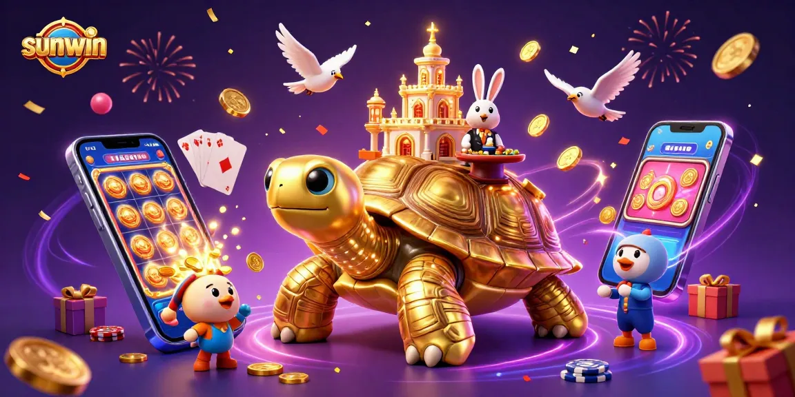 Engage in exciting gameplay with sunwin as golden coins and vibrant card games surround a cheerful giant tortoise.