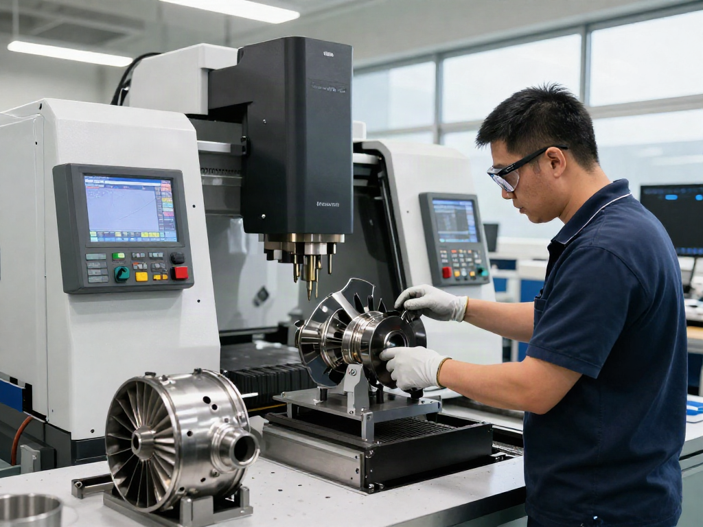 Leading aerospace CNC parts manufacturers technician inspecting precision components in a modern facility
