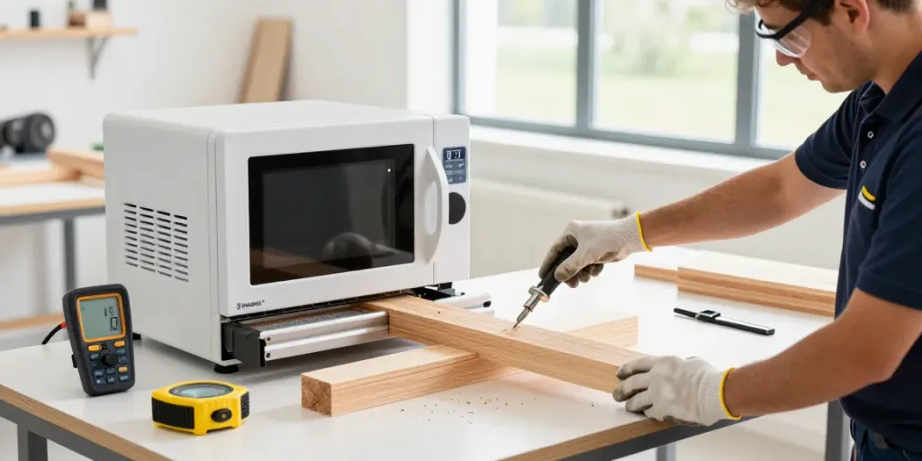 SHASHEL® microwave equipment effectively eliminating wood-boring insects in a modern workshop.