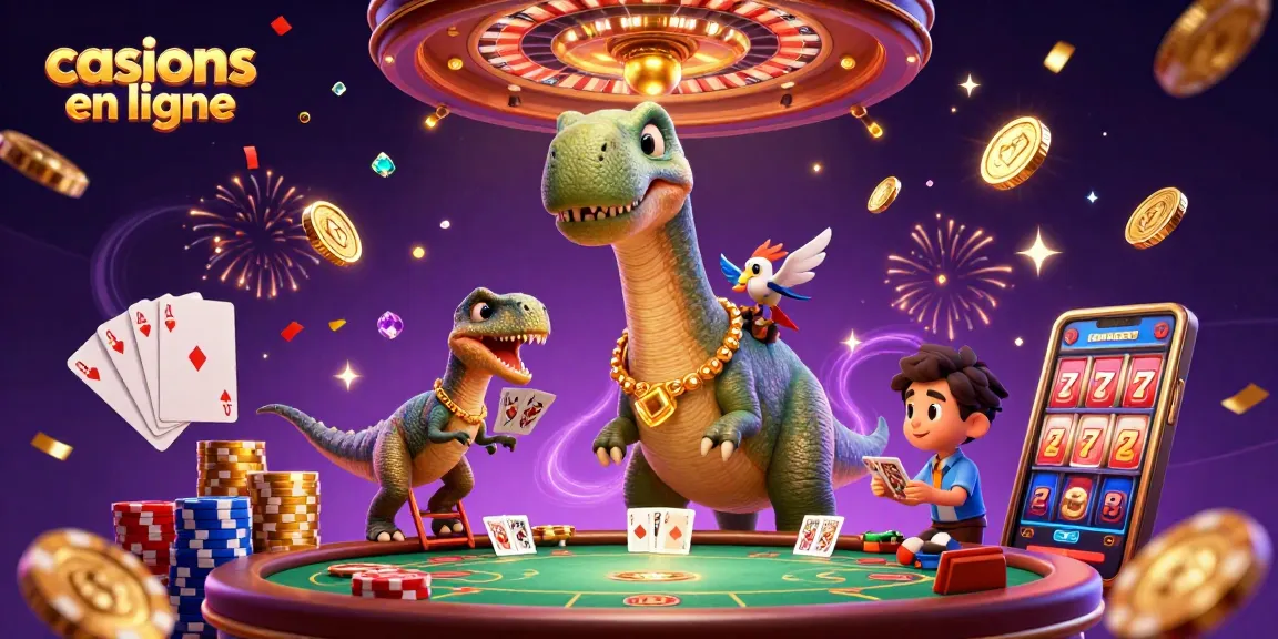 Jouer aux casinos en ligne avec un brontosaurus et un raptor distribuant des cartes au poker.