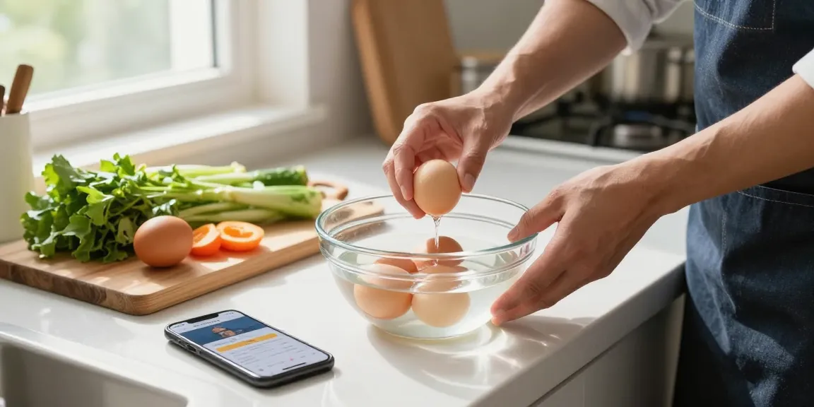 Uji kesegaran telur dengan metode Egg Float Test dari https://www.eggfloattest.com/contact di dapur yang cerah.