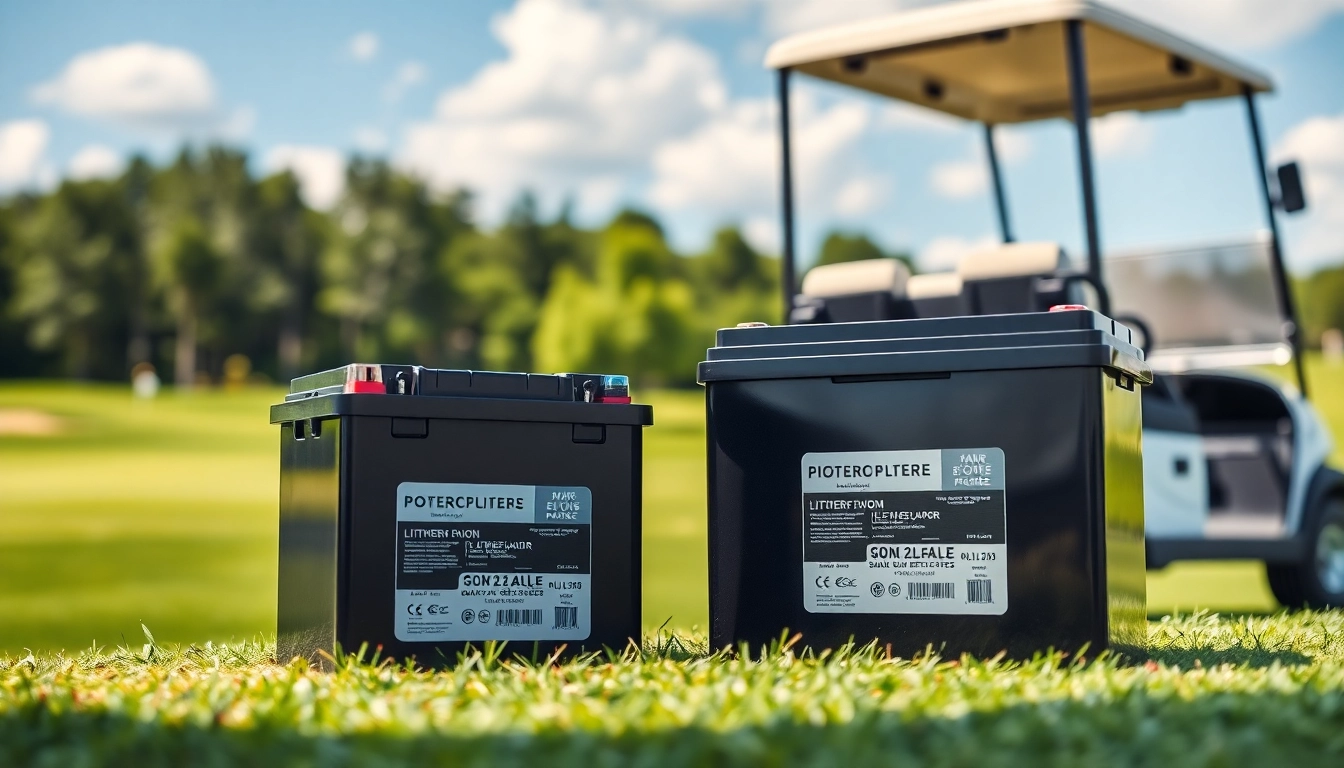 Showcasing lithium golf cart batteries emphasizing their performance and design in a vibrant outdoor setting.
