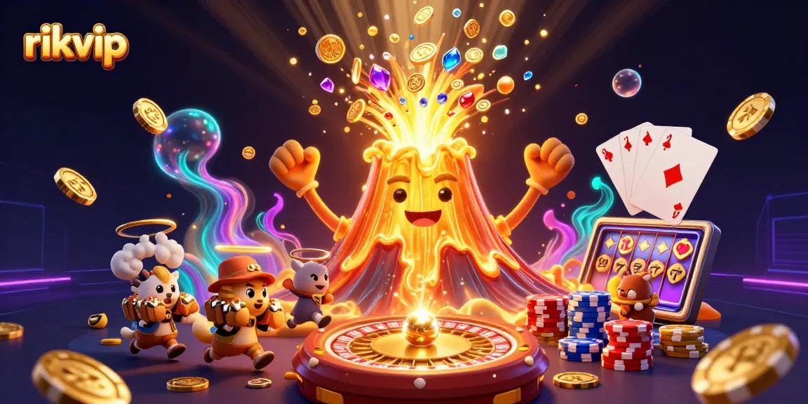 Experience the thrill of rikvip with a golden volcano erupting coins and treasures in a vibrant casino scene.