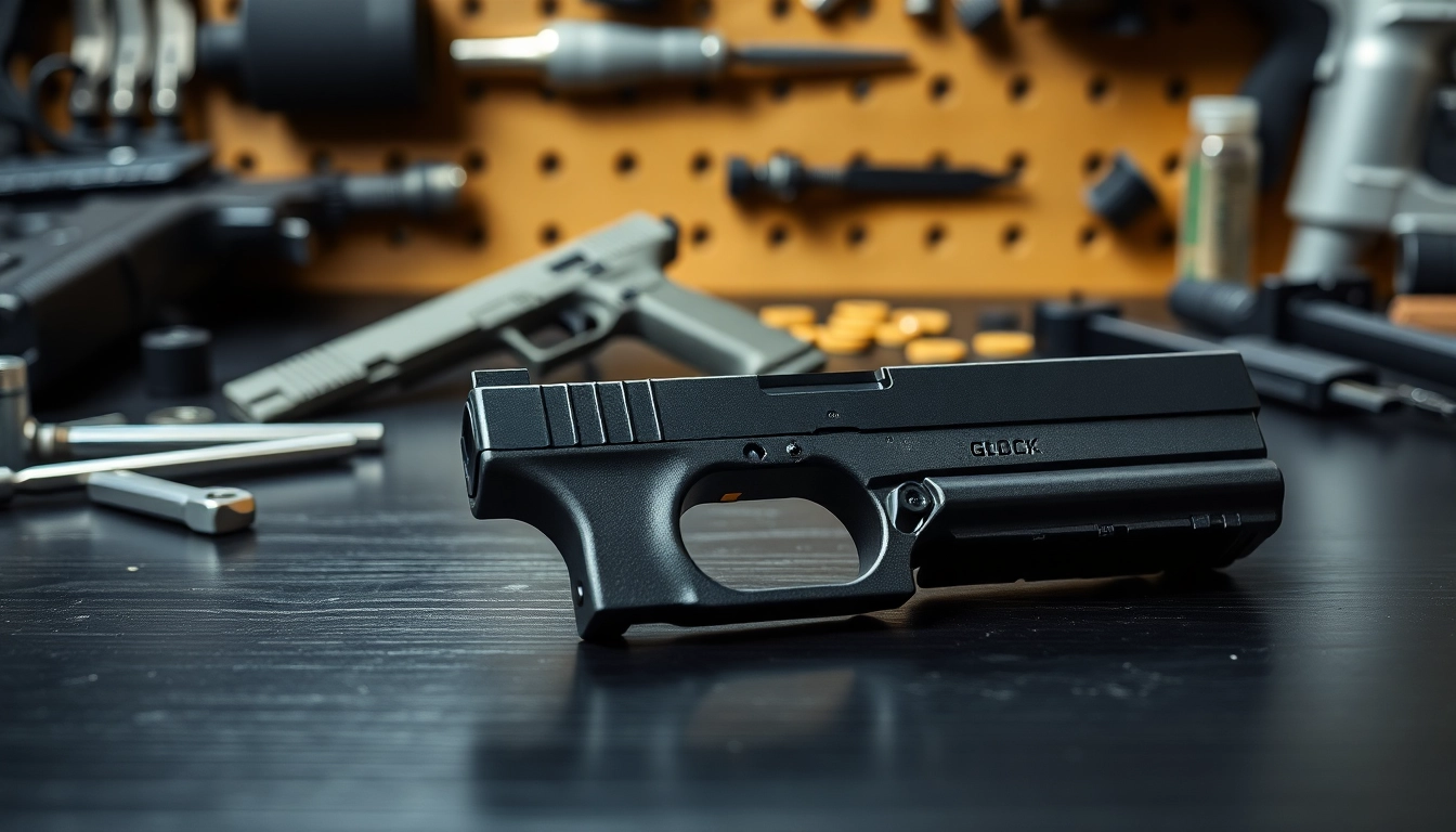 Inspecting an OEM Glock slide with fine details, showcasing craftsmanship and precision.