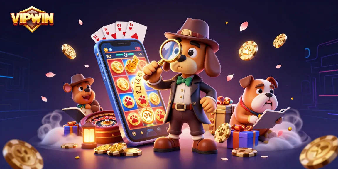 Gamblers uncover treasures at VIPWIN with a detective and a bulldog, exploring exciting gaming features.