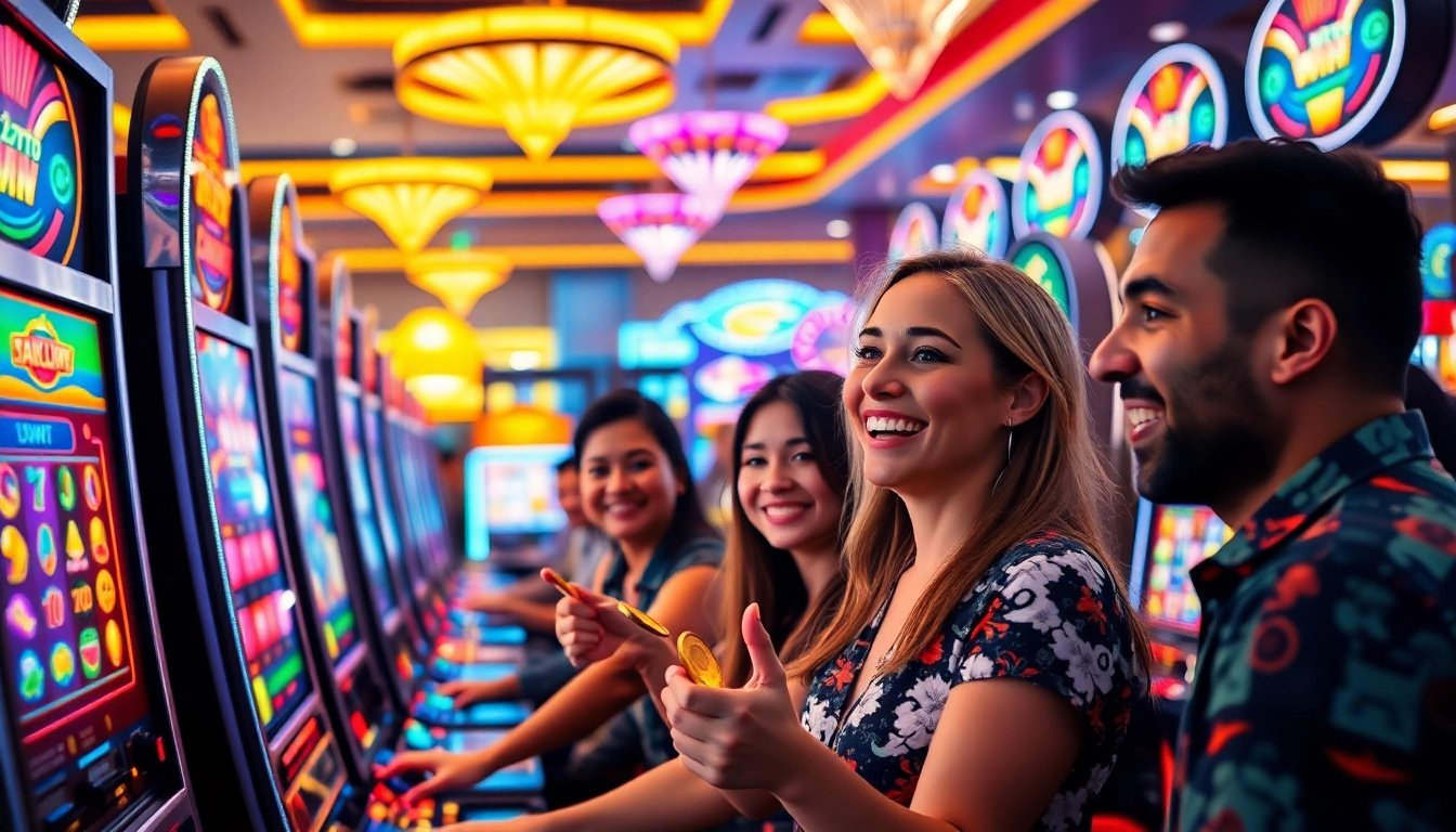Players enjoying slot gambling excitement in a colorful casino environment.