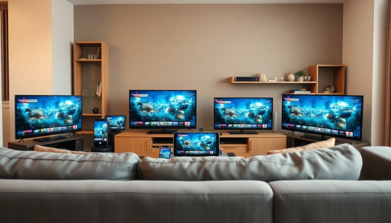 Showcase FREE IPTV Trial on various devices in a cozy living room setting for modern streaming.