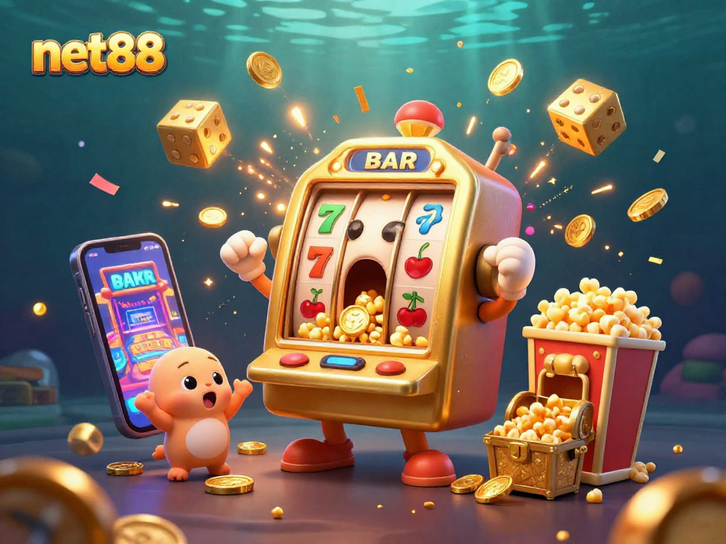 Engaging scene of net88's golden slot machine celebrating a jackpot amidst vibrant casino elements.