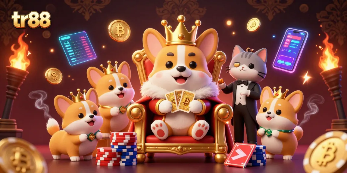 tr88 showcases an ultra-detailed casino scene with a royal corgi and vibrant gaming elements.