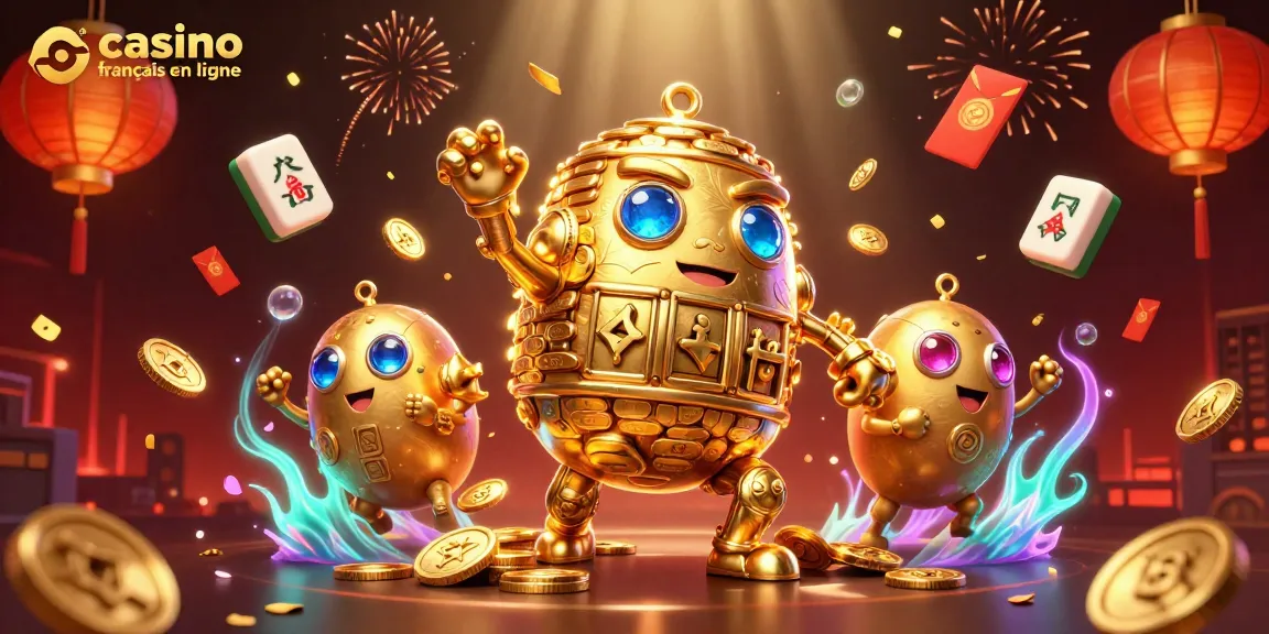 Illustration dynamique représentant un golem d'or dans un casino français en ligne, entouré de symboles de jeux et de lucioles dorées