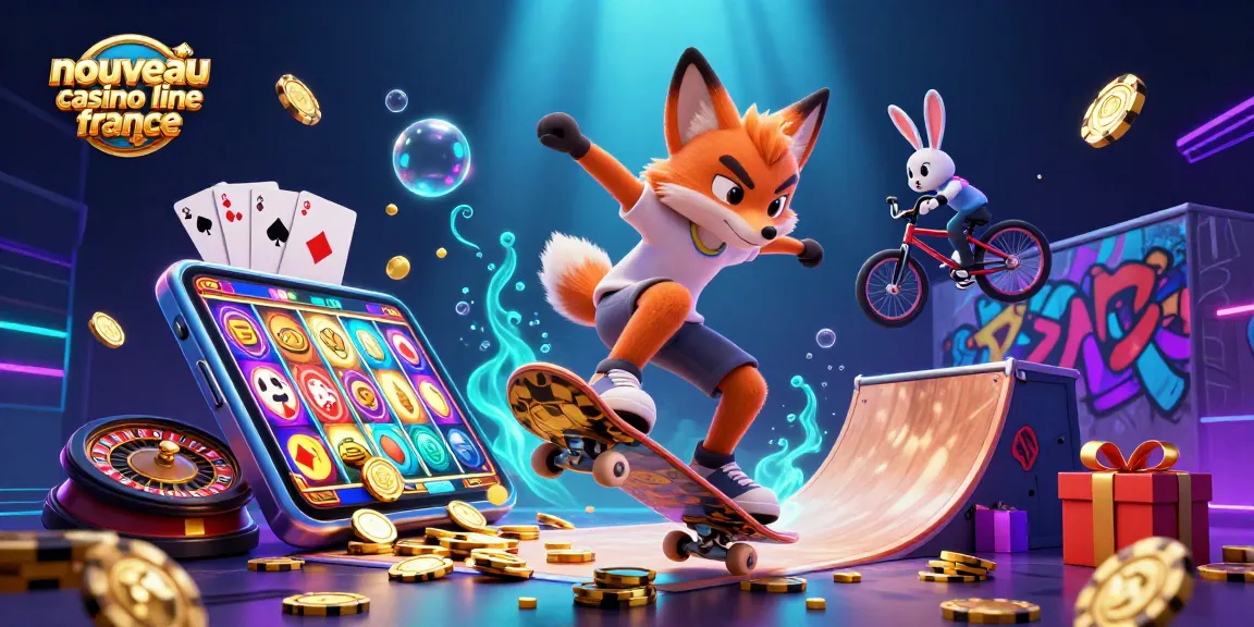 Visuels dynamiques d'un nouveau casino en ligne France avec un renard skateboarder et un lapin BMX, entourés de jeux d'argent.