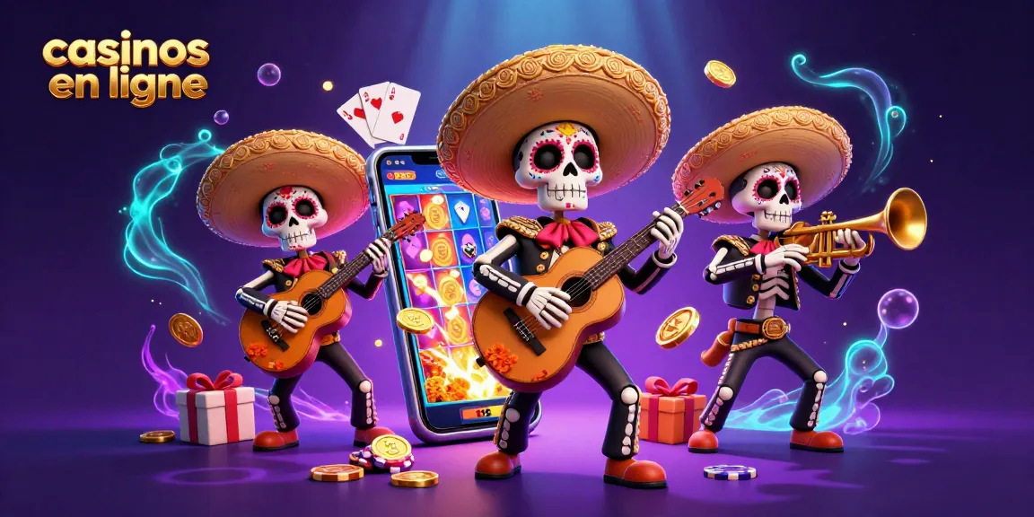 Découvrez les casinos en ligne avec une illustration colorée d'une scène de jeu dynamique entourée de gains et d'éléments de casino.