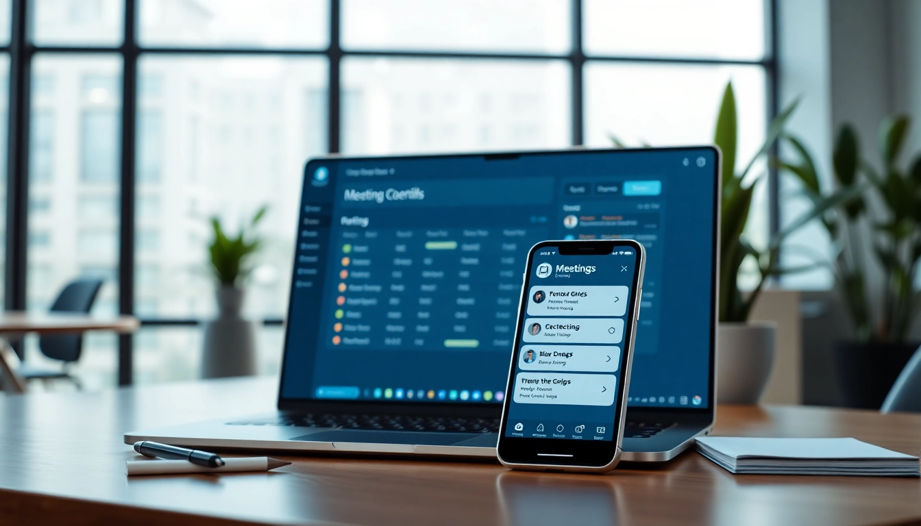 Utilizing a never miss a meeting scheduling tool amidst a modern office setup with a laptop and smartphone.