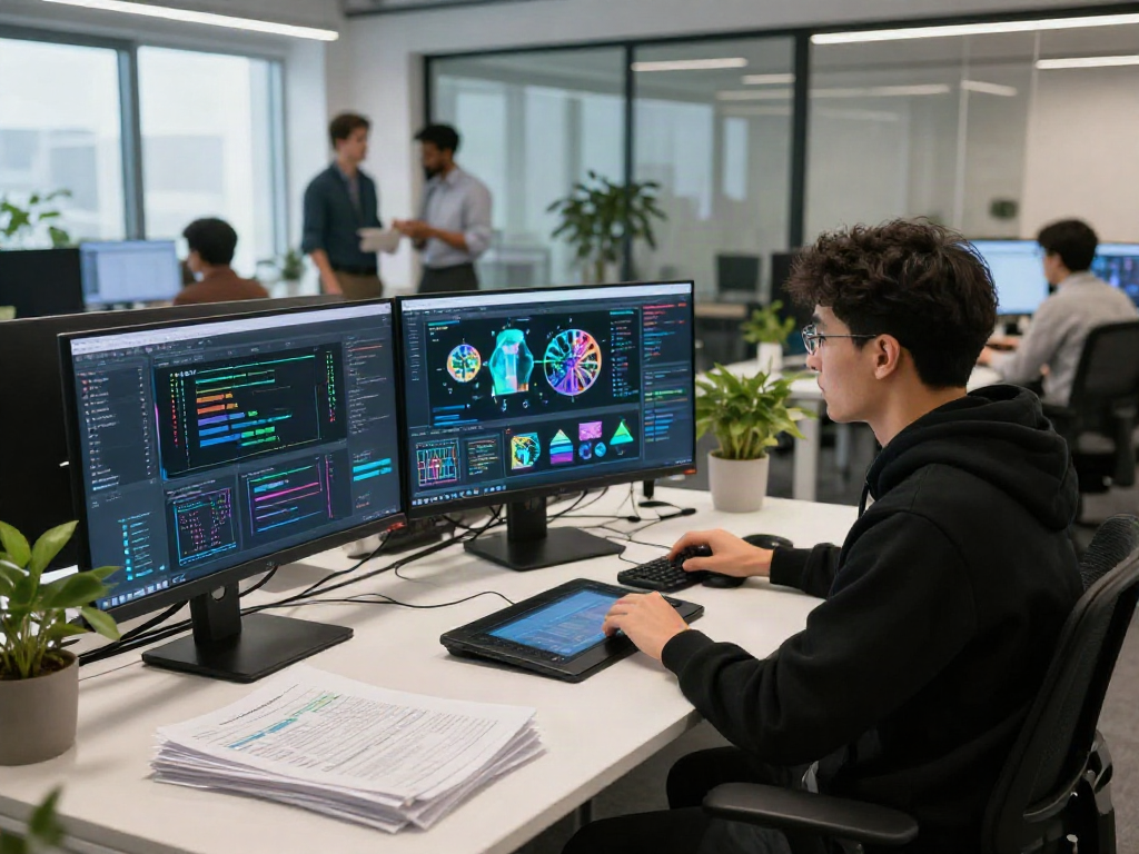 AI Image Detection analysis being performed by a data scientist in a modern office.