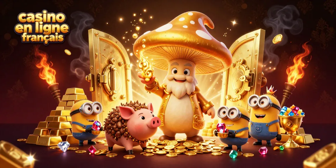 Obtenez des gains avec le casino en ligne français, illustré par un sorcier et un cochon-truffier.
