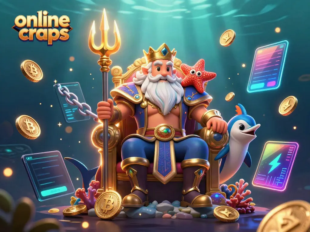 Experience the excitement of online craps with Neptune and his samurai, surrounded by vibrant casino elements.