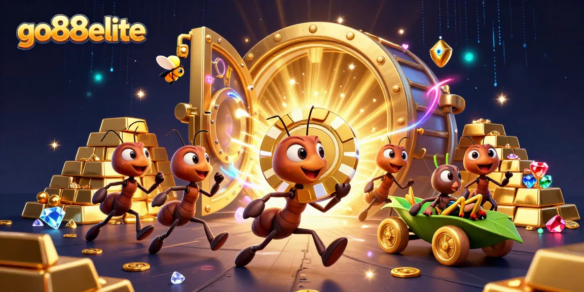Experience thrilling heists at go88elite, where cartoon ants carry giant poker chips amidst vibrant gold and jewels.