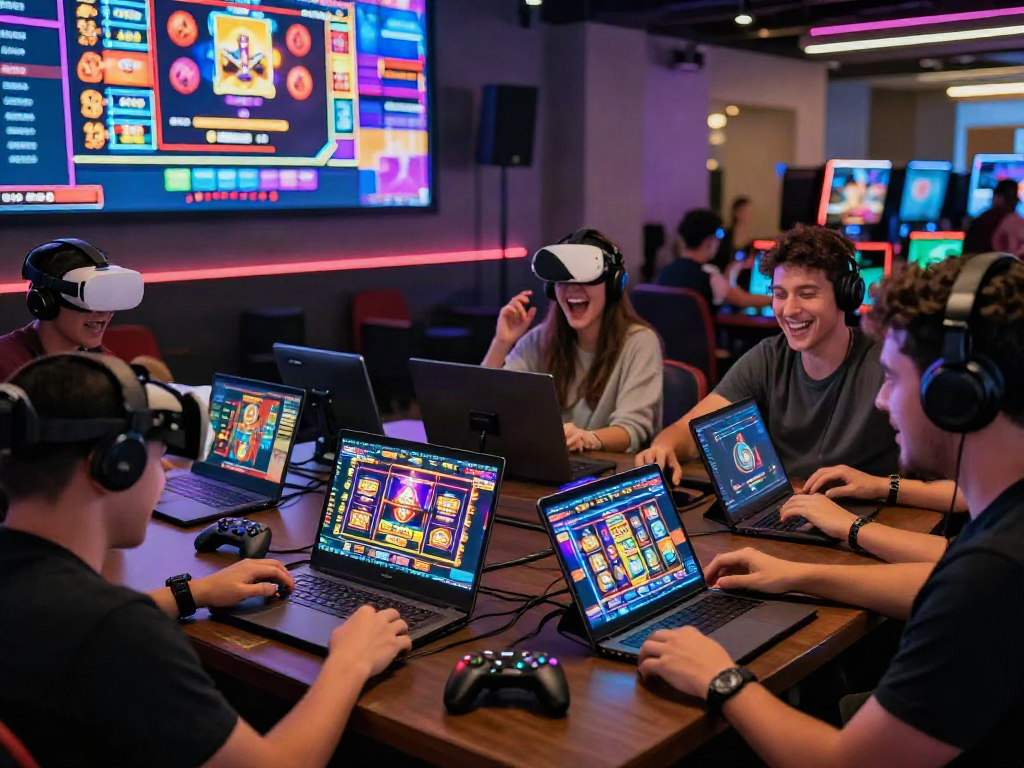 Vibrant online gaming community enjoying situs judi slot online on laptops and tablets in an energetic atmosphere.