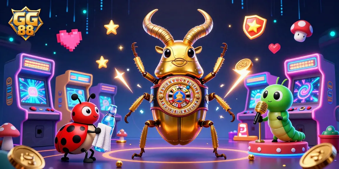 Engage with GG 88's vibrant gaming experience featuring a cartoon beetle champion in a casino arena.