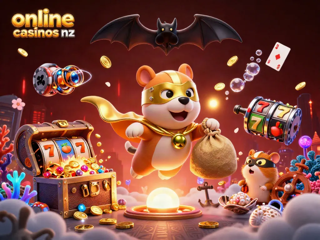 Win big at online casinos nz with a dynamic scene featuring a superhero dog and vibrant game elements.