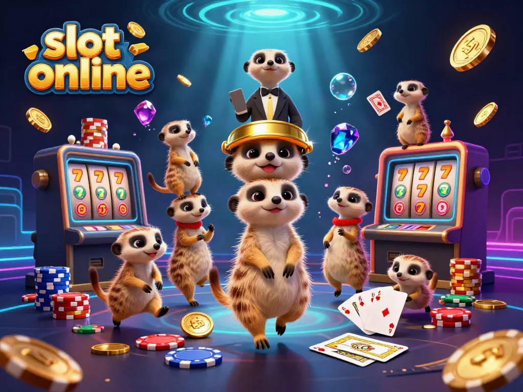 Experience thrilling slot online action with playful meerkats at a vibrant casino setting.