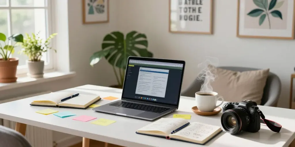 Creative workspace for blogging with laptop, notebooks, and cozy light.