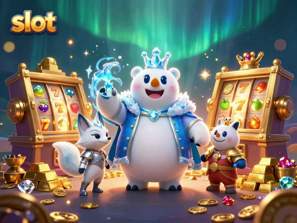 Slot yang menampilkan karakter beruang kutub raja dengan simbol mesin slot melingkar dan harta berkilauan.