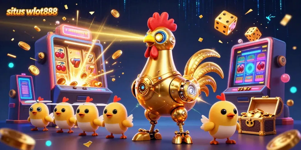 Menangkan jackpot di situs wslot888 dengan ilustrasi slot mesin 3D yang penuh kemenangan.