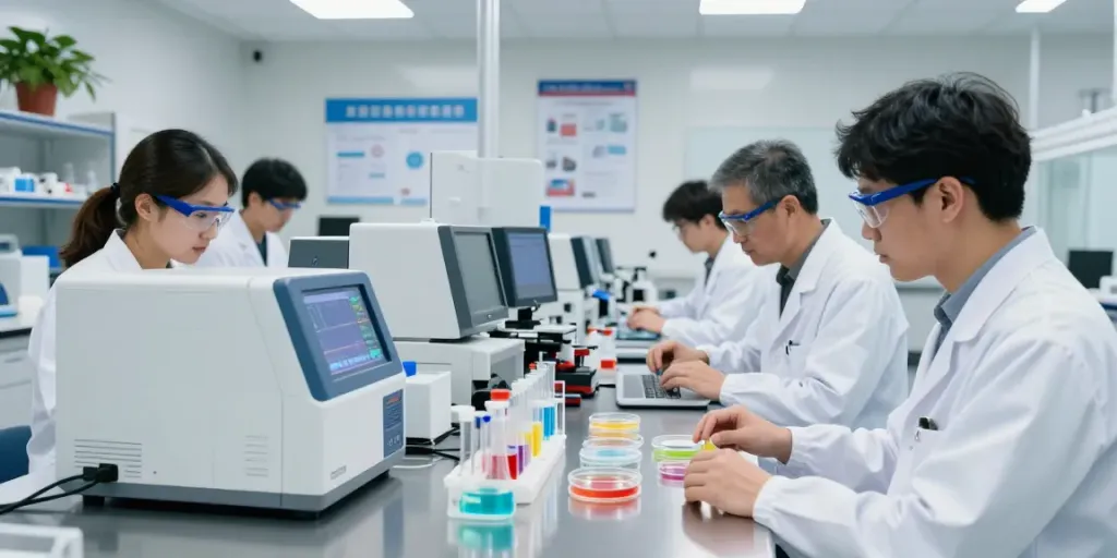 Swiss Chems researchers collaborating on peptide synthesis in a modern lab.