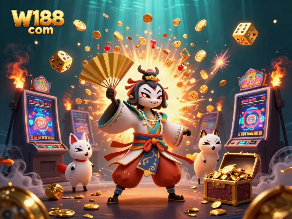 Engage with W188 com's vibrant casino experience showcasing a colorful jackpot explosion and dynamic characters.