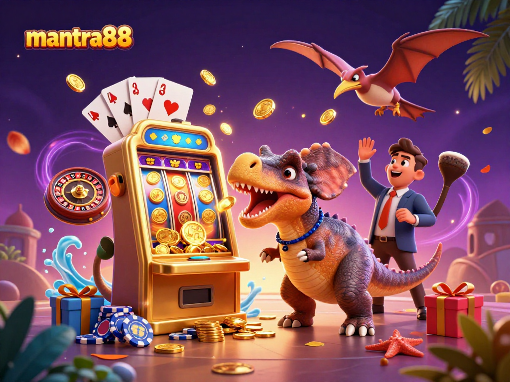Catch the jackpot with mantra88 as a dinosaur hits the slot machine amidst flying coins.