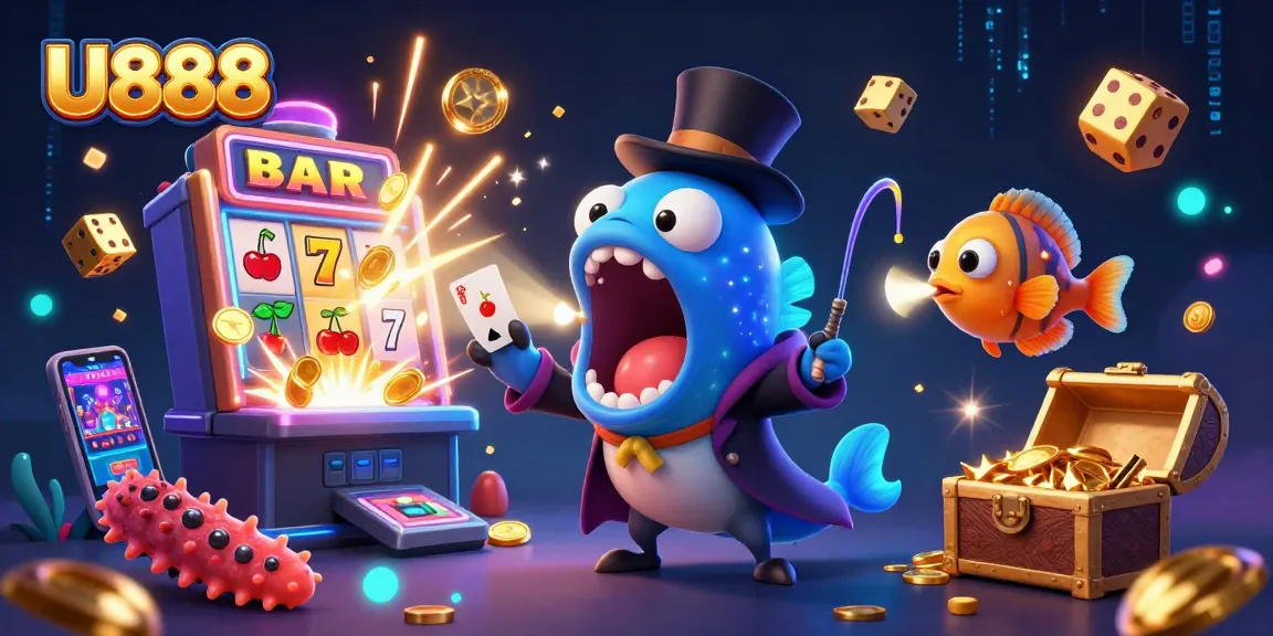 U888 slots adventure with a deep-sea gulper eel performing magic tricks, surrounded by vibrant casino elements.