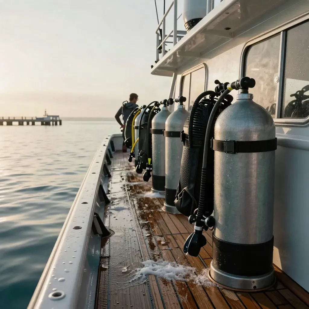 Dawn dive boat deck with tanks, wetsuits, fins and gear bag lit by misty sunrise.