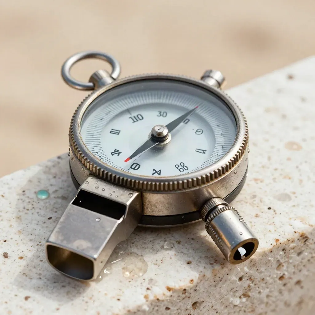 Macro of dive gauge, compass bezel, whistle and slate on a salt-marked harness loop.