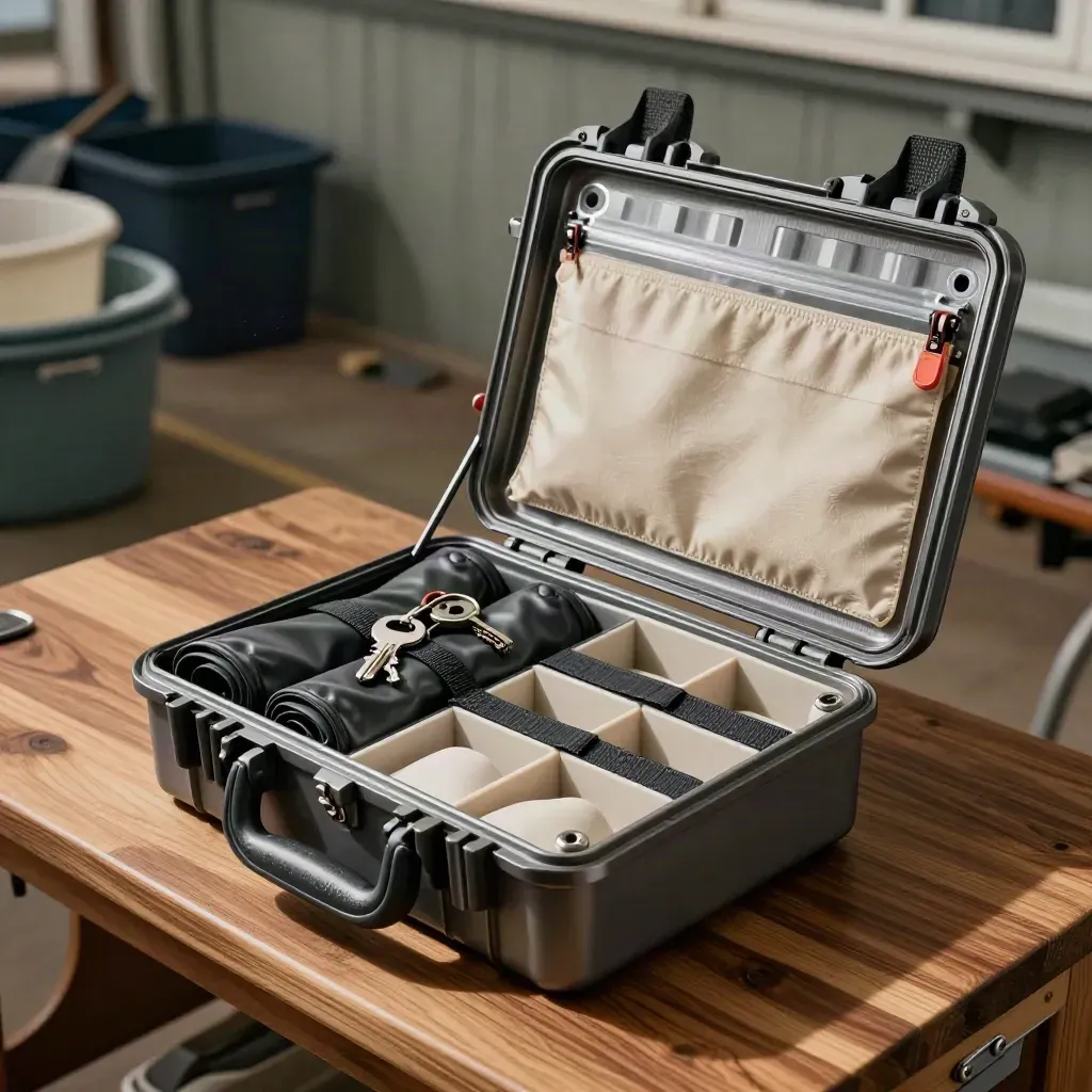 Open dive gear case with rolled neoprene, dry pouches, and marina keys on a teak bench.