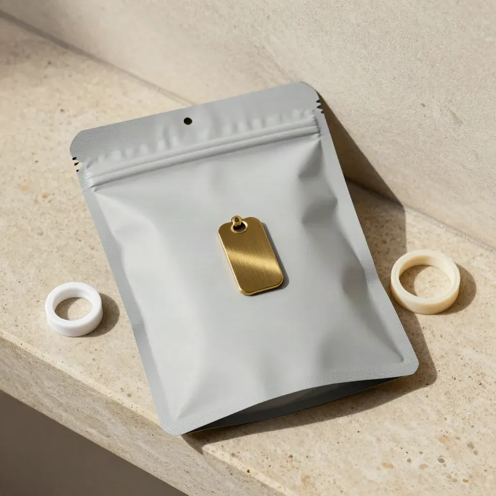 Brass key tag, dry pouch, clip-on seat token and rubber seal on pale stone.
