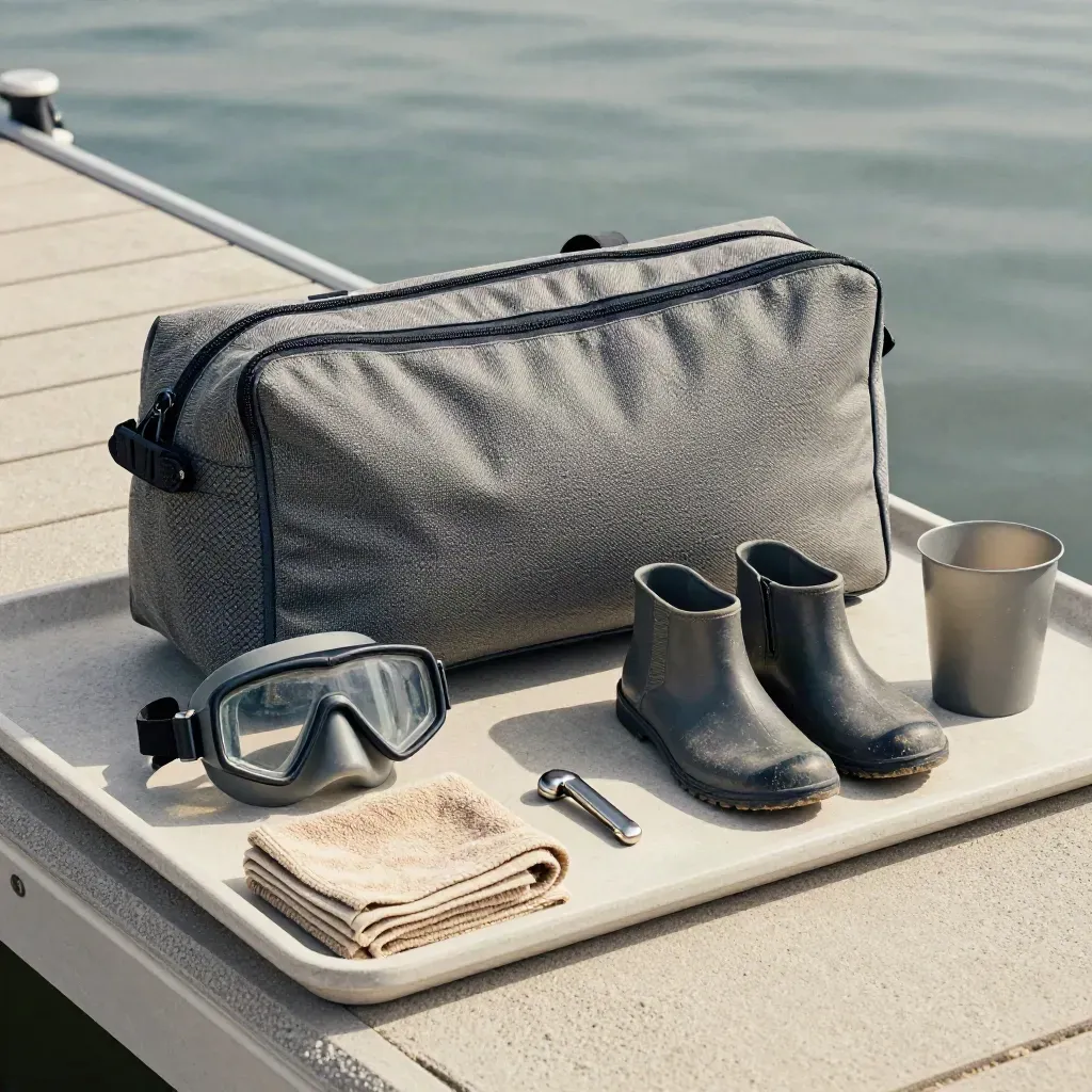 Mesh dive bag with mask, booties, towel, cleat, and rinse cup on a concrete dock ledge.
