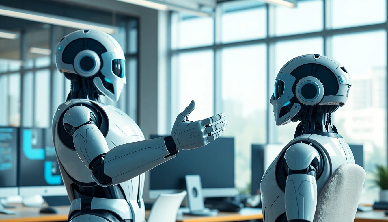 AI Bots collaborating in a modern office, showcasing advanced technology and human interaction.