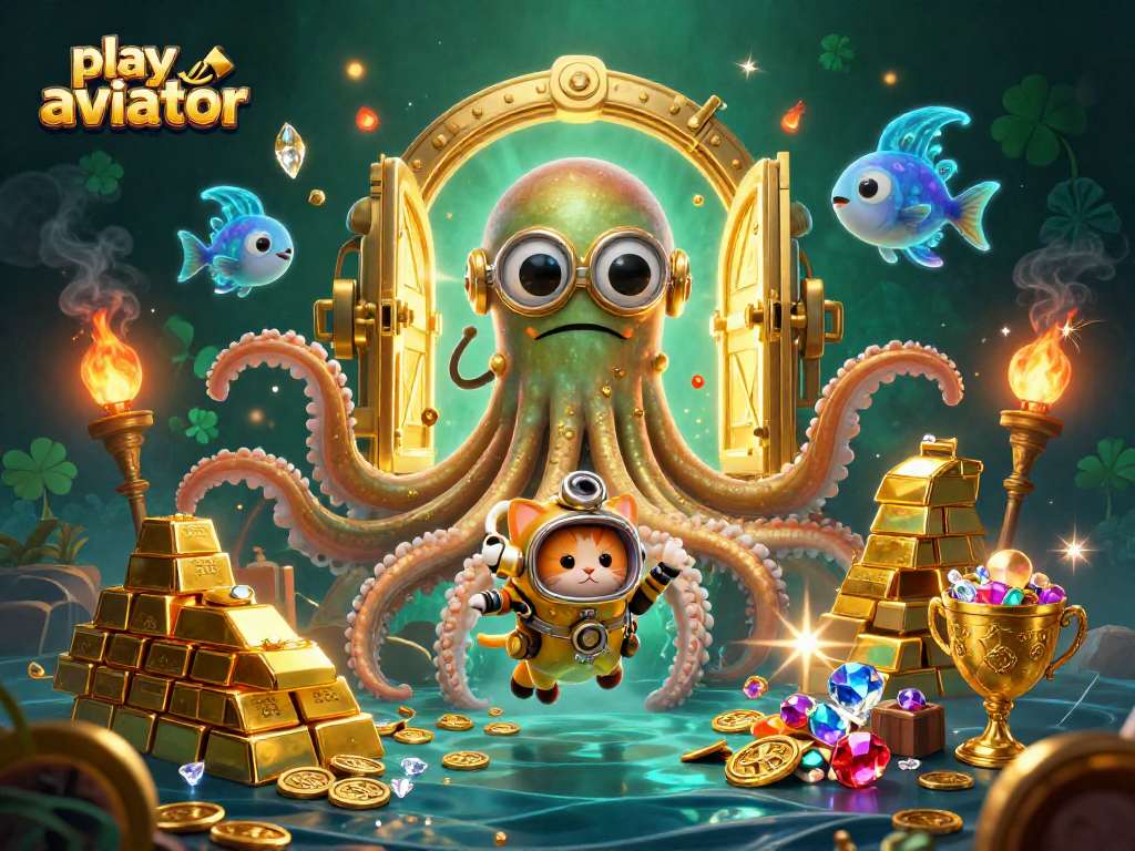 Play AVIATOR with exhilarating 3D gaming scenes featuring a kraken and diving cat in a treasure-filled ocean.