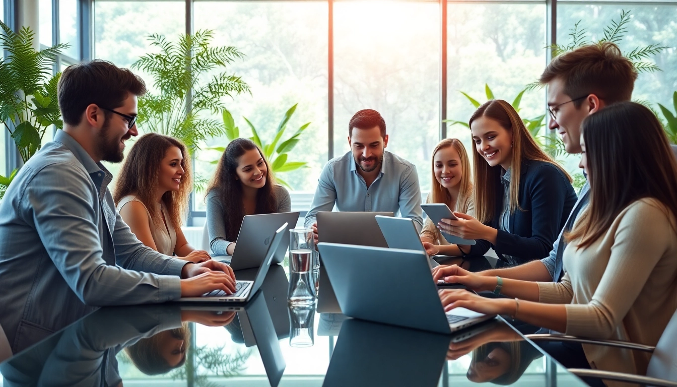 Engaged professionals in a digital marketing agency Australia collaborating in a modern office.