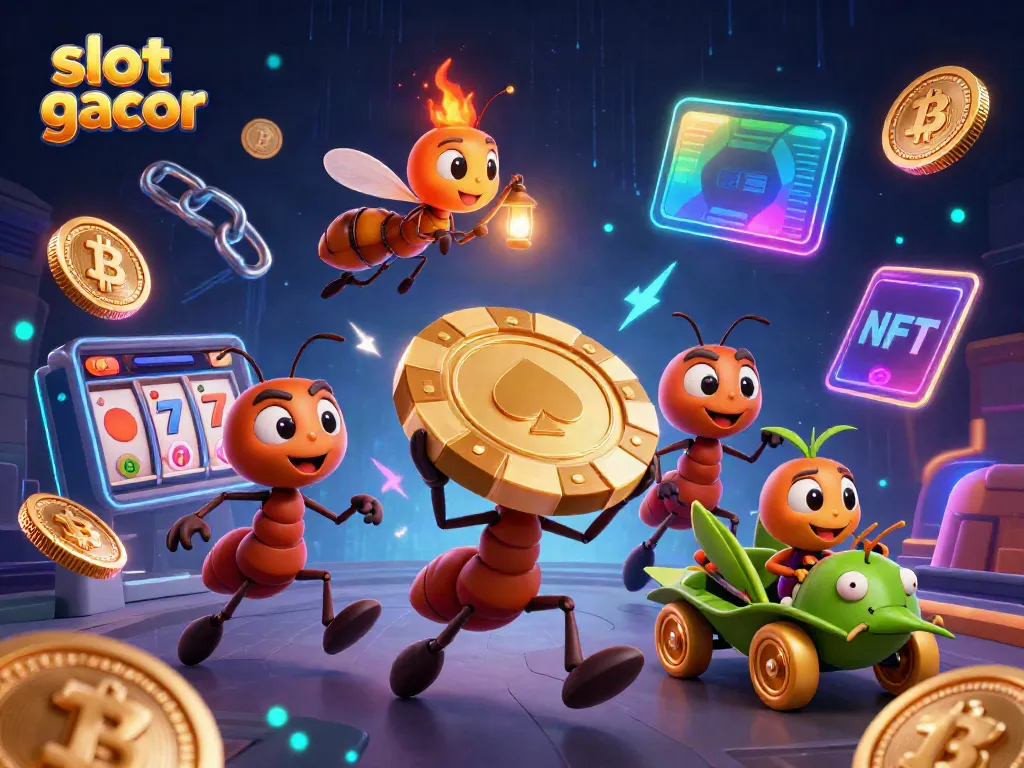 Slot gacor menampilkan tim semut dan simbol slot, ilustrasi 3D yang bertenaga.