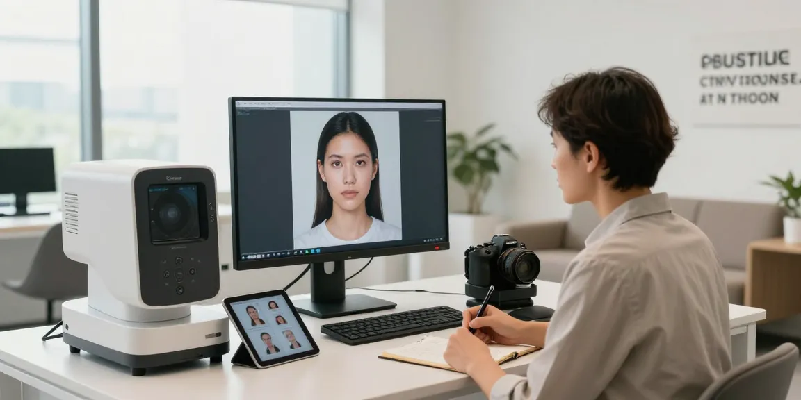 ClinicEvo better than QOVES highlighted in a professional consultation scene for facial analysis.