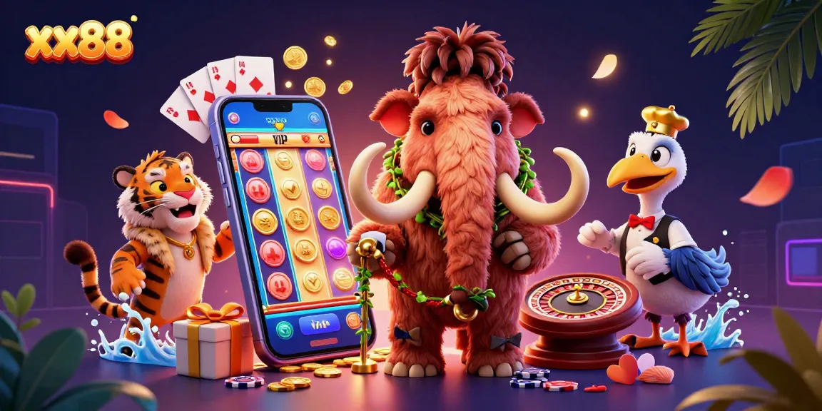 Enter the vibrant world of xx88 casino with a woolly mammoth bouncer, VIP saber-tooth, and colorful slot game.