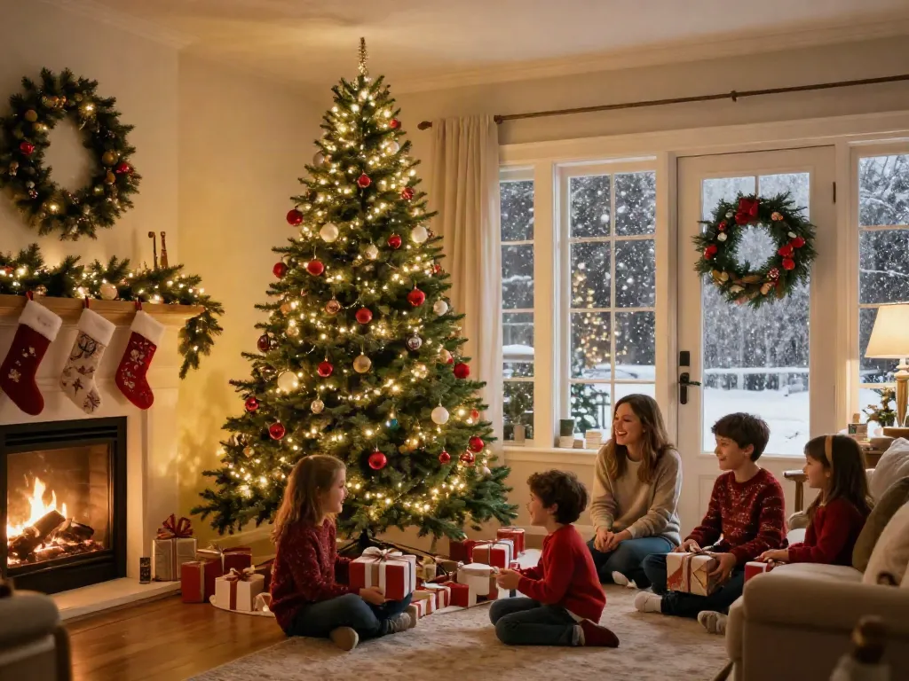 A tall skinny Christmas tree beautifully decorated with lights and ornaments, surrounded by a family celebrating the holiday season.