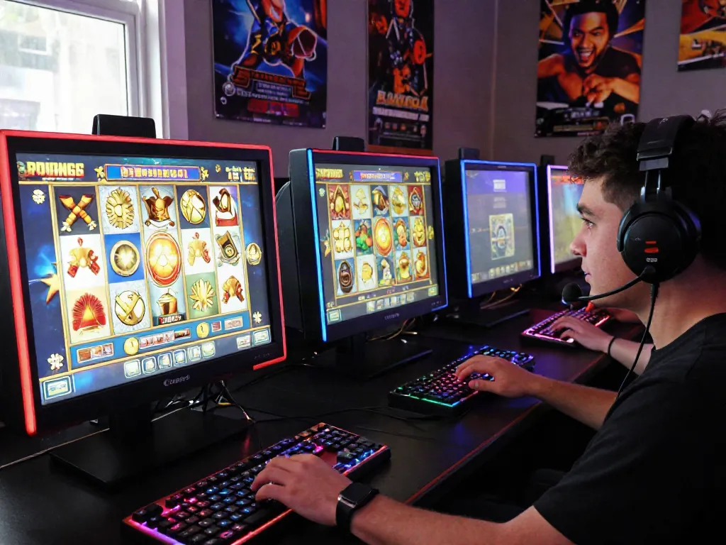 Engaging scene of a player trying ทดลองสล็อต in a colorful and vibrant gaming setup
