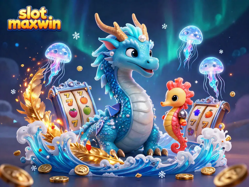 Engage in slot maxwin gameplay with a stunning azure dragon and vibrant casino elements.